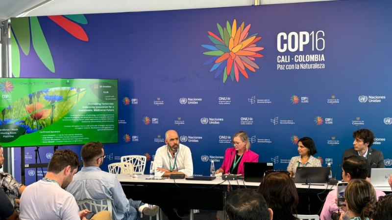 Maria Alkayed (CFA) and Francesco Brusaporco (WFO) at the COP 16 side event "Cultivating Tomorrow: Embracing Innovation for a Sustainable, Biodiverse Future" 